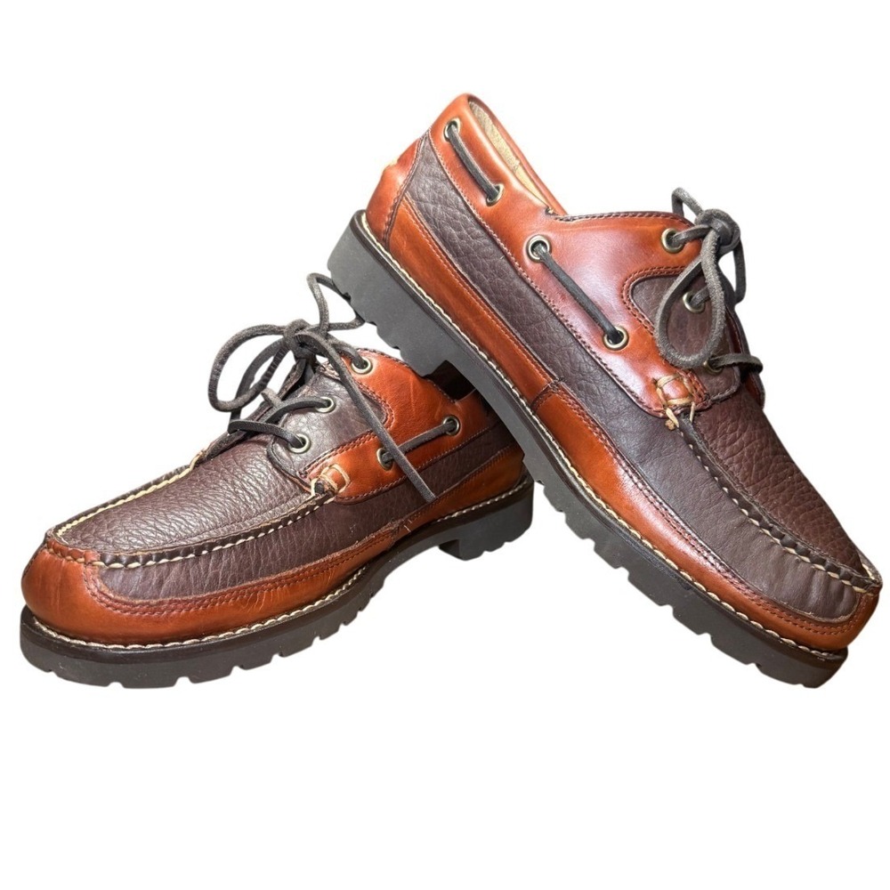 L.L.Bean Mens 9D Camp Moc Boat Shoes Brown Tan Leather Handsewn Moccasin Lace Up